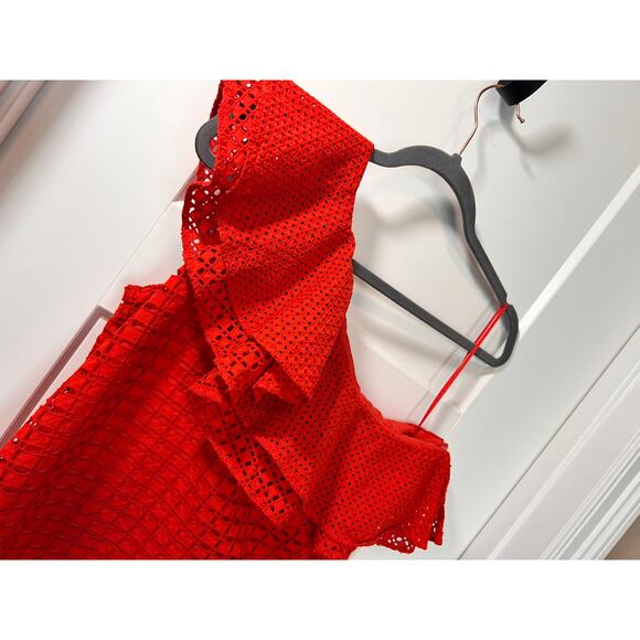 J. Crew Women's Eyelet One Shoulder Ruffle Blouse Top Boho Bohemian Red Size 6 - Picture 4 of 12